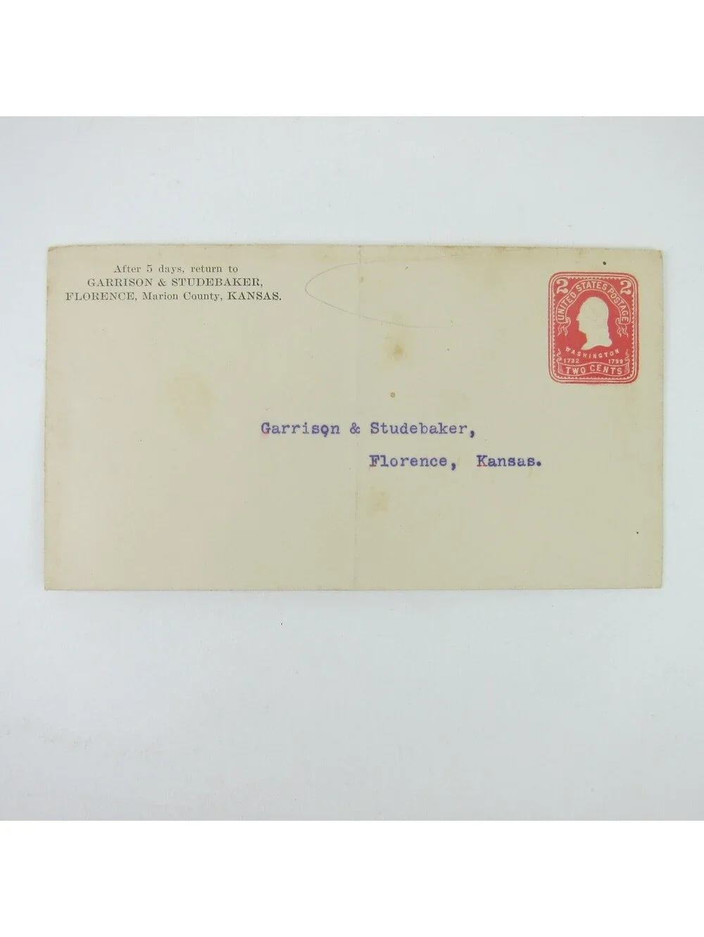 US Postal Stationery Garrison & Studebaker Florence Kansas 2 cent Antique
